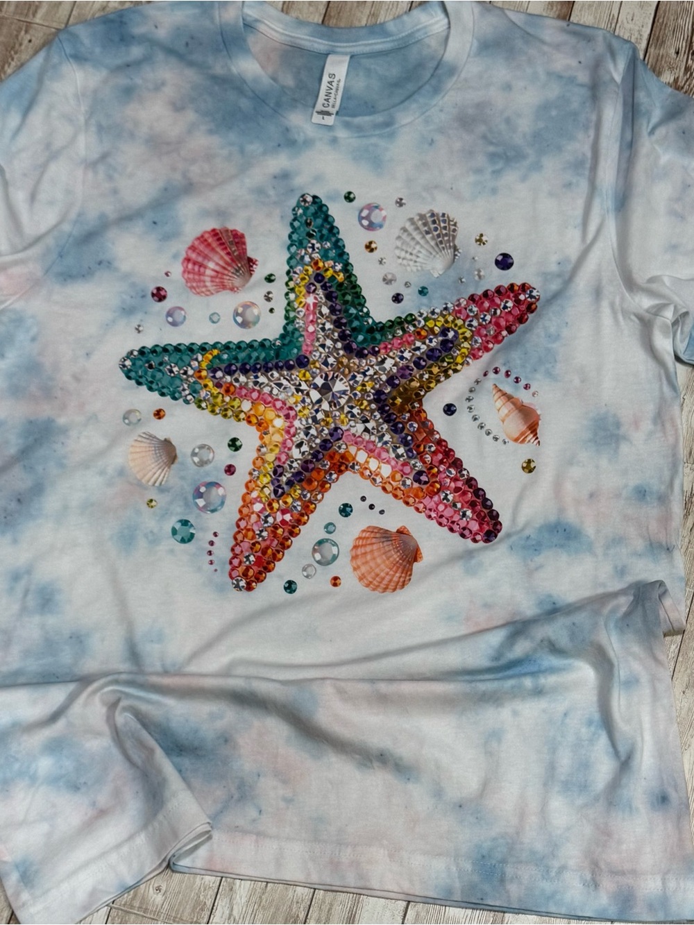 Blue hand dyed starfish seashells Shirt Large